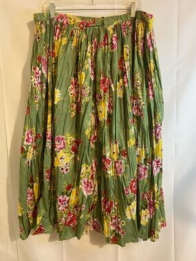 Sara Studio Olive Green Floral A-Line Midi Skirt with Pink and Yellow Blooms 1X